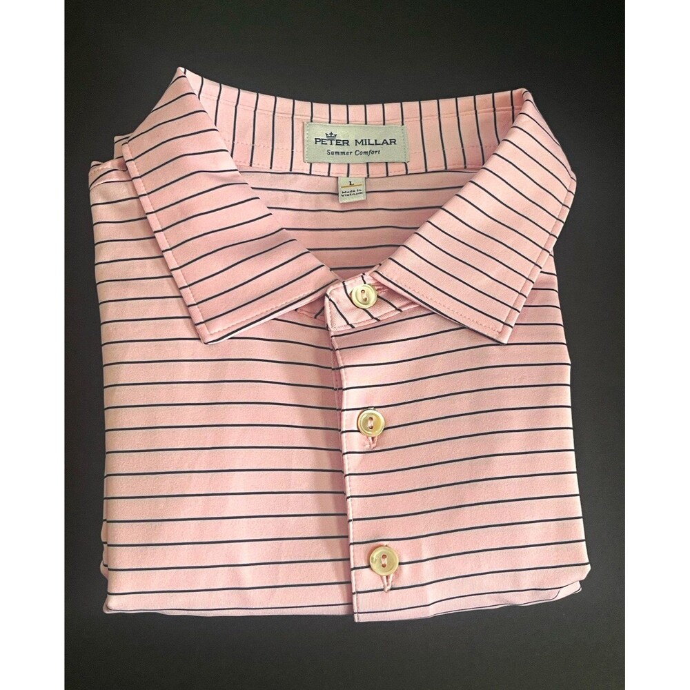 Peter Millar Summer Comfort Polo Shirt Men’s Large Pink Navy Striped